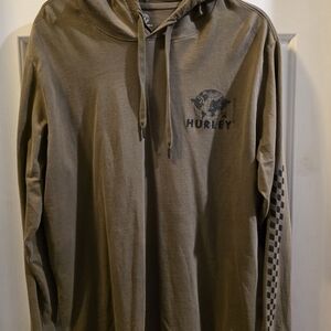 Hurley Men's Olive Hoodie with Checkered Sleeve